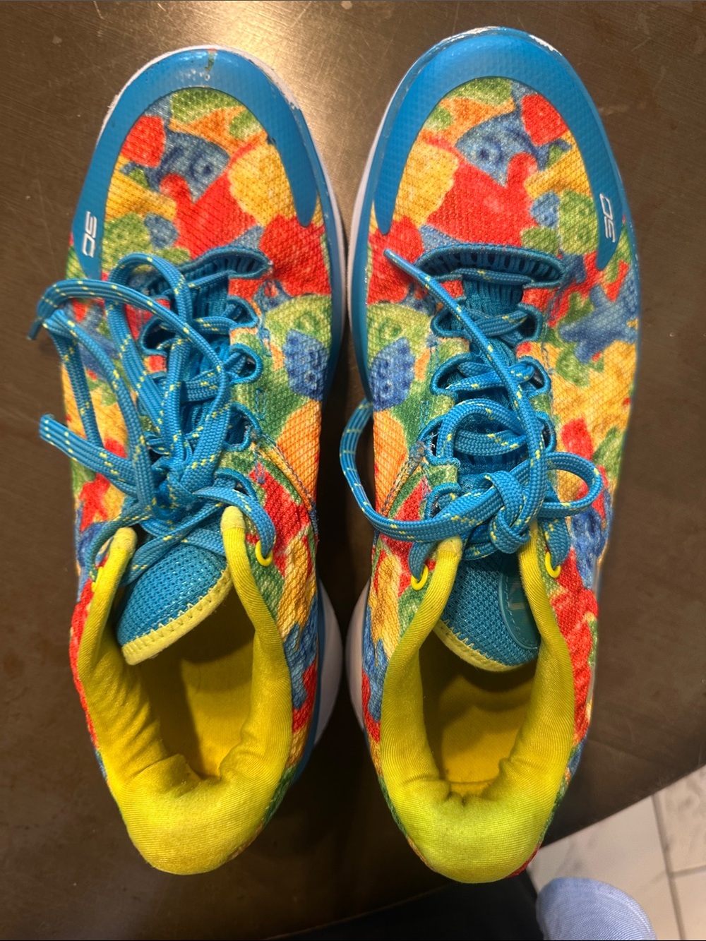 Under Armour Curry 1 Low SOURPATCH Pattern Sneakers with Bright Blue and Yellow